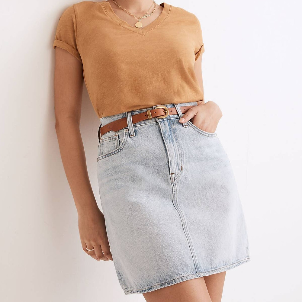 Madewell Pull On High Waisted Rigid Denim A-Line Mini Skirt Light Blue Wash 31